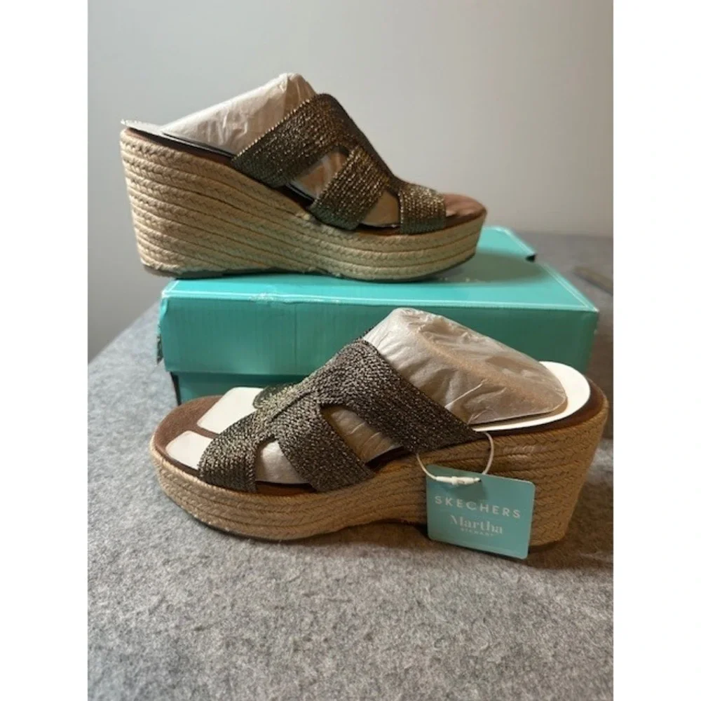 Skechers Martha Stewart Bronze Metallic Jute Slide Espadrille Wedge Sandals 6